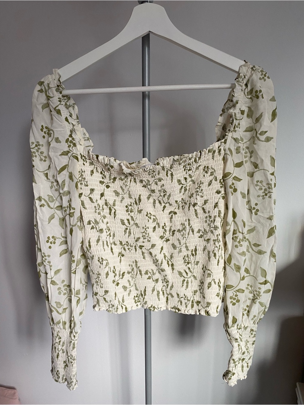 Reformation Cream Crop Top with Olive Floral Print